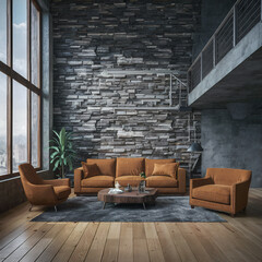 Brown sofas against stone tiles cladding wall in room with high ceiling. Loft interior design of modern living room, home.