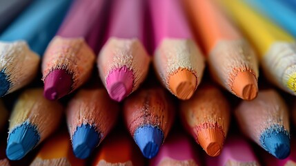 A close-up view showcasing a variety of colored pencils arranged together in a group, displaying their vibrant colors and different lengths - Powered by Adobe