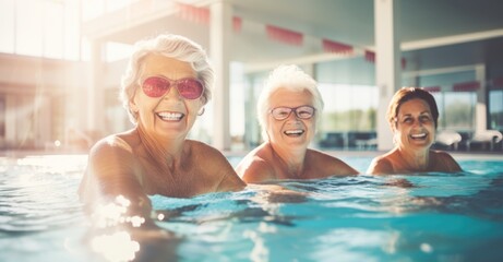Fototapeta premium A vibrant image capturing active mature women joyfully participating in an aqua gym class in a pool, showcasing a healthy and energetic retired lifestyle. Seniors engage in aqua fitness exercises
