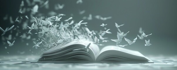 A conceptual piece featuring a book with pages turning into birds, symbolizing the freedom and escape provided by reading