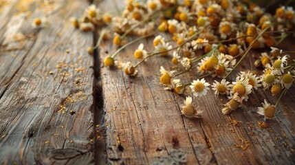 Dried Chamomile Flower Heads Displayed on Aged Wooden Table