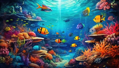 Tropical fish in the underwater, coral reef, amazing underwater life, various fish and exotic coral...