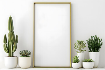 Home interior poster mock up with vertical gold metal frame and succulents on white wall background. 3D rendering mock up. Generative Ai.