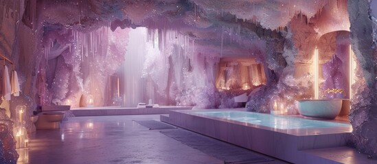Enchanting Crystal Cavern Bathroom with Shimmering Iridescent Fixtures and Serene Underwater