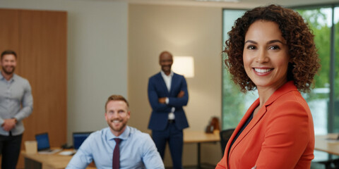 Fototapeta premium Smiling confident woman business leader looking at camera and standing in an office at team meeting