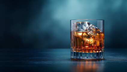 Faceted glass of whiskey with ice on dark background, Glass of whiskey with alcohol, male relaxation at the bar, Luxury still life of whisky glass. Copy space
