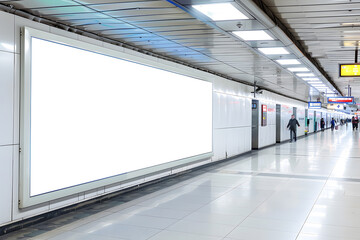 Indoor outdoor city light mall shop template. Blank billboard mock up in a subway station, underground interior. Urban light box inside advertisement metro airport vertical mock up. Generative Ai.