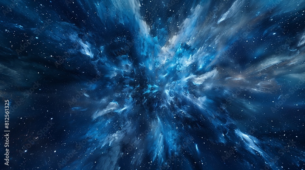 Wall mural space flight with zoom effect on deep blue backdrop.