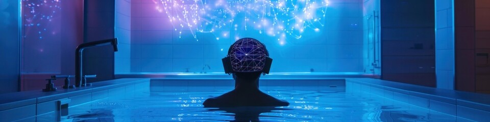 Futuristic Bathroom with Neural Nexus Brainwave Stimulation and Immersive Sensory Experience