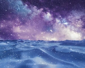 snowy hills with snow falling, stars shining in the night sky and purple galaxy sky background