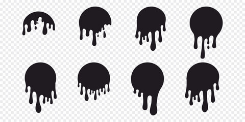 Melt paint drip circle stickers, label. Round splash with drops, liquid shape graffiti blob stickers, stain isolated on background. Flowing fluid, slime or cream.