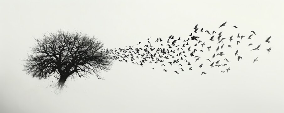 An image alteration showing a tree with leaves turning into birds as they branch out into the sky