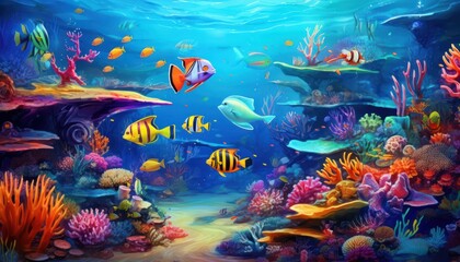 Tropical fish in the underwater, coral reef, amazing underwater life, various fish and exotic coral reefs, ocean wild creatures background