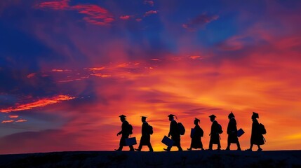 Fototapeta premium Dynamic silhouette of graduates walking towards their future