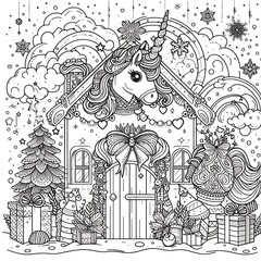 A coloring page of a house with a unicorn image realistic photo attractive illustrator.