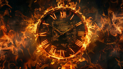 Classic style analog circular clock with hands, wrapped in fire and flames.