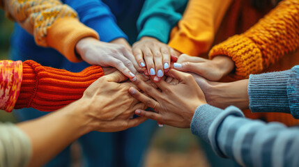 Close up of people hands from team building at wellness retreat with community and support. Volunteer, trust and solidarity concept