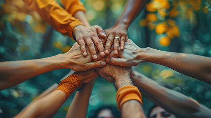 Close up of people hands from team building at wellness retreat with community and support. Volunteer, trust and solidarity concept
