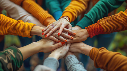 Close up of people hands from team building at wellness retreat with community and support. Volunteer, trust and solidarity concept