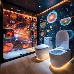 Immersive Cosmic Voyages Bathroom Transformed into a Holographic Portal to Distant Realms