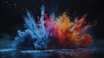 Colorful powder burst on dark surface