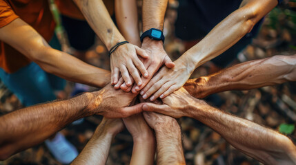 Close up of people hands from team building at wellness retreat with community and support. Volunteer, trust and solidarity concept