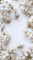 A picture of a white flowers background with a white rectangular box in the middle, background for social media, wedding
