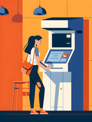 Woman using bank terminal, putting money, flat style illustration 