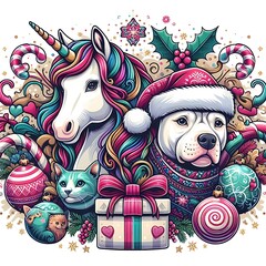A dog and a unicorn with a hat and ornaments image art attractive lively has illustrative meaning illustrator.