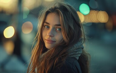 Fototapeta premium A woman with long brown hair and blue eyes is smiling at the camera. She is wearing a scarf and a black jacket