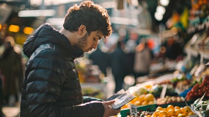 Young handsome man buying fruits and vegetables at the market