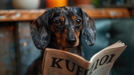 funny sausage dachshund dog sitting on toilet and reading magazine or newspaper with constipation,...
