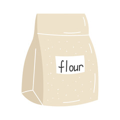 Flour in paper bag. Closed pack, package with baking ingredient. Product for cooking. Flat vector illustration isolated on white background