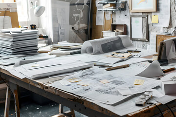 Messy architect desk during projects mockup. Generative Ai.