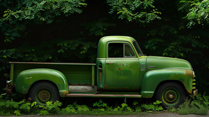 Vintage green truck overgrown with foliage.