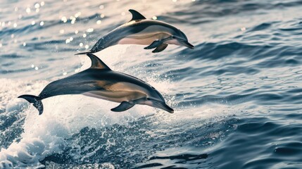 Fototapeta premium Two beautiful dolphins jump over the rising waves. Marine animals in their natural habitat.