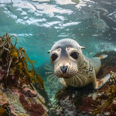 Delight in the innocence and curiosity of nature with this captivating image of a playful seal pup investigating a rocky reef