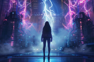 Person observing lightning in futuristic cityscape at night.