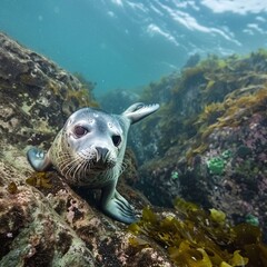 Delight in the innocence and curiosity of nature with this captivating image of a playful seal pup investigating a rocky reef