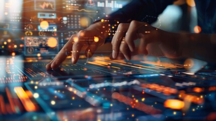 The image shows a person using a touch screen interface. The interface is displaying a lot of data and the person is using their hand to interact with it.