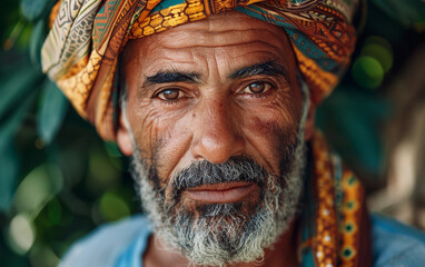 Obraz premium A man with a beard and a turban on his head. He has a serious look on his face