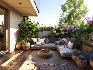 Sch&ouml;ne Terrasse mit Sitzecke und Kissen auf der Couch und Blument&ouml;pfen. Sommerliches Licht. Im Hintergrund eine Sichtschutzwand. Helles Holz.