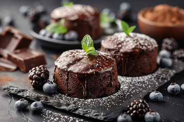 Delicious fresh fondant with hot chocolate and blueberries on table.