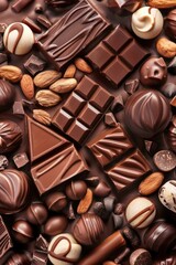 Fototapeta premium Chocolate background consisting of choco pieces, chocolates and candies, brown delight, cocoa beans, World Chocolate Day.