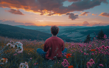 A man is sitting in a field of flowers, looking out at the sunset. The scene is peaceful and serene, with the man's posture and the surrounding nature conveying a sense of calm and relaxation