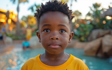 A young boy with a short haircut and a yellow shirt is standing in front of a pool. He has a serious expression on his face