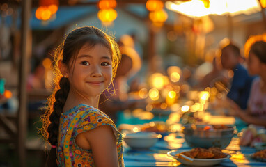 A young girl is smiling at the camera while sitting at a table with a group of people. The table is filled with food and drinks, and there are several bowls and cups on the table