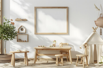 Mock up frame in children room with natural wooden furniture, Farmhouse style interior background, 3D render mock up. Generative Ai.