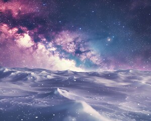 Naklejka premium snowy hills with snow falling, stars shining in the night sky and purple galaxy sky background