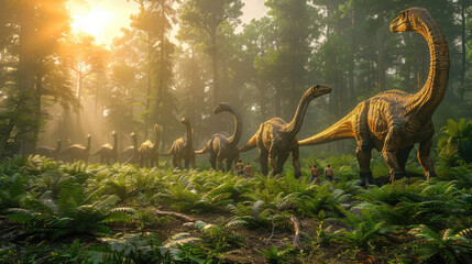 hyper-realistic shot of A herd of Diplodocus, their long necks stretching high into the ancient forest canopy as they graze on the verdant foliage